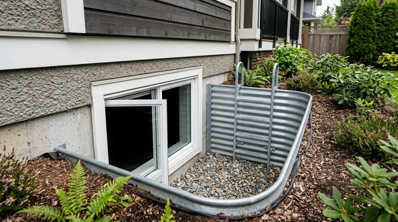Basement bedroom in a Vancouver home with a large egress window and window well letting in daylight, meeting building code for a legal suite