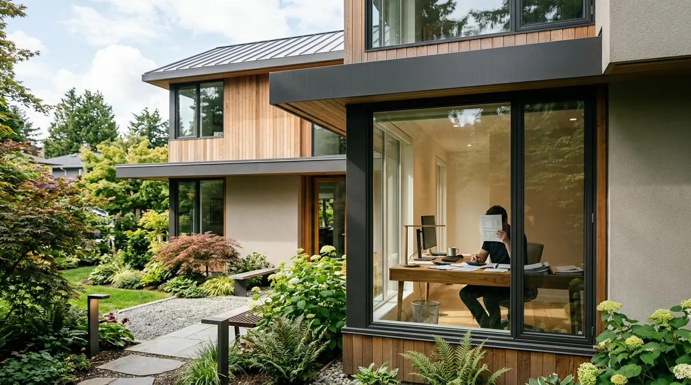 Homeowner at a kitchen table in a Vancouver house reviewing mortgage and home equity paperwork with a laptop on a bright morning