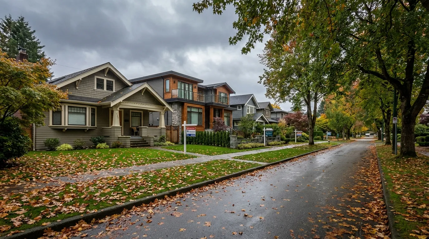 Quiet Vancouver residential street in early autumn with for sale signs on front lawns, craftsman and modern homes under overcast Pacific Northwest sky