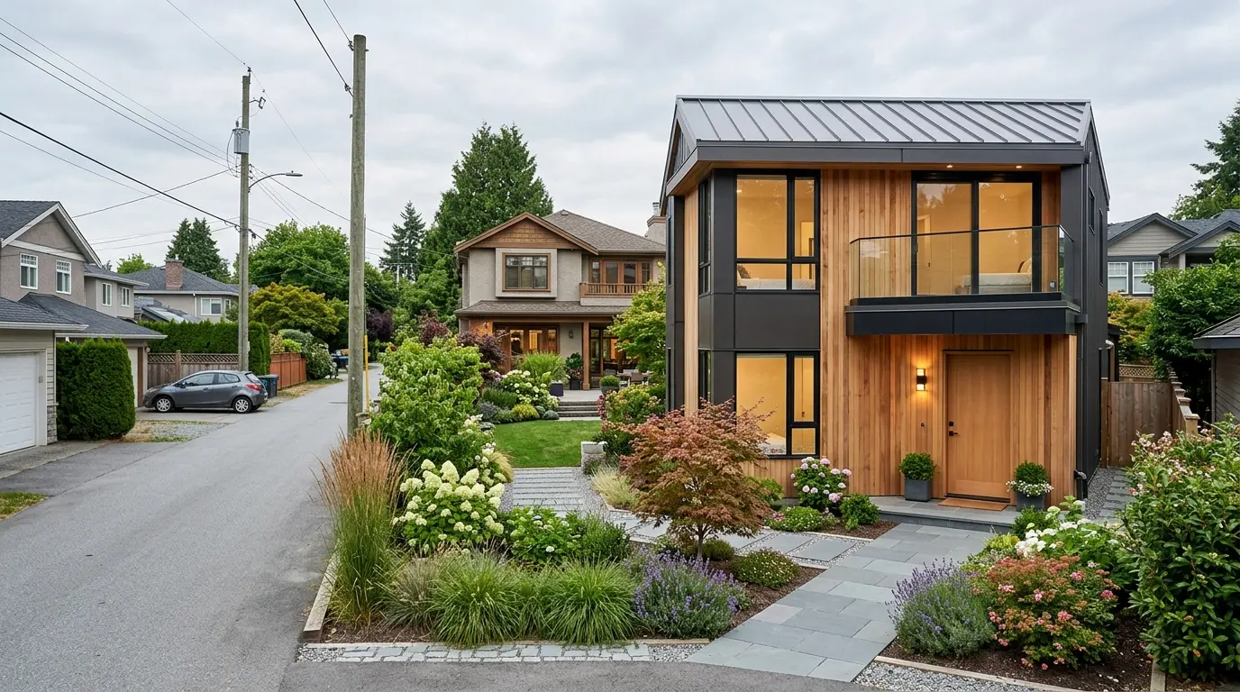 A detached laneway house behind a Vancouver character home, viewed from the back lane on a summer evening