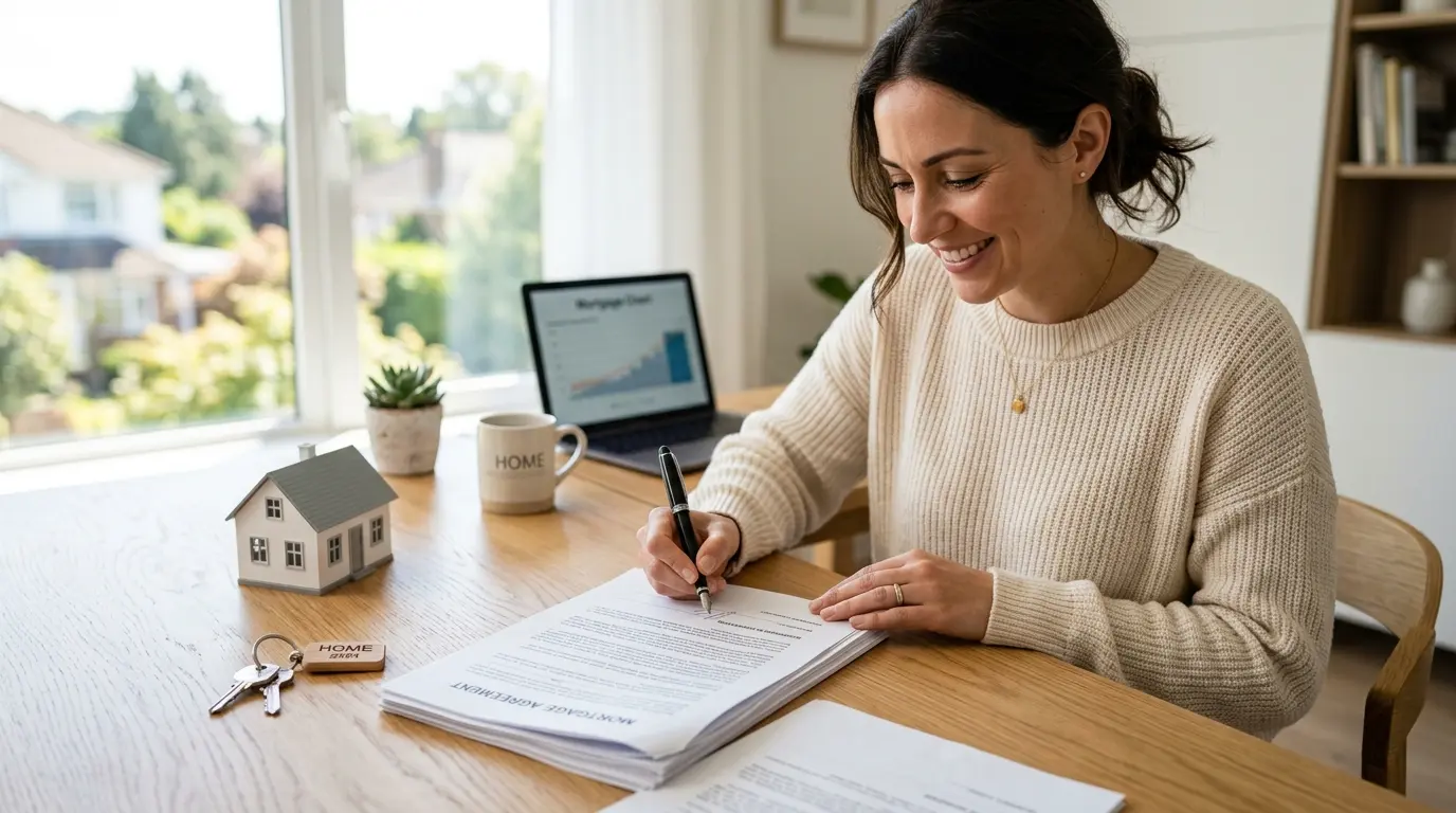 A couple reviewing mortgage paperwork at a kitchen table in a Vancouver home with moving boxes nearby
