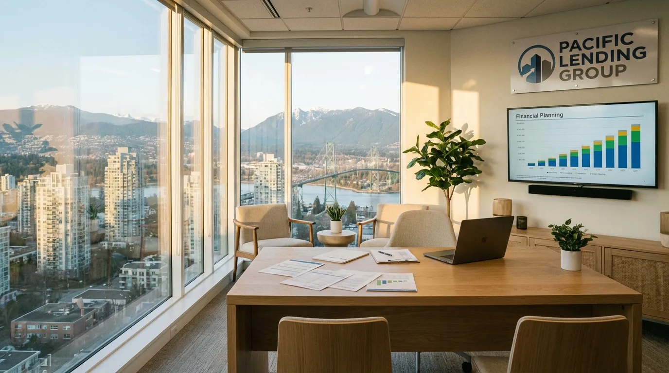 Modern mortgage broker office in Vancouver with floor-to-ceiling windows overlooking the city skyline and North Shore mountains