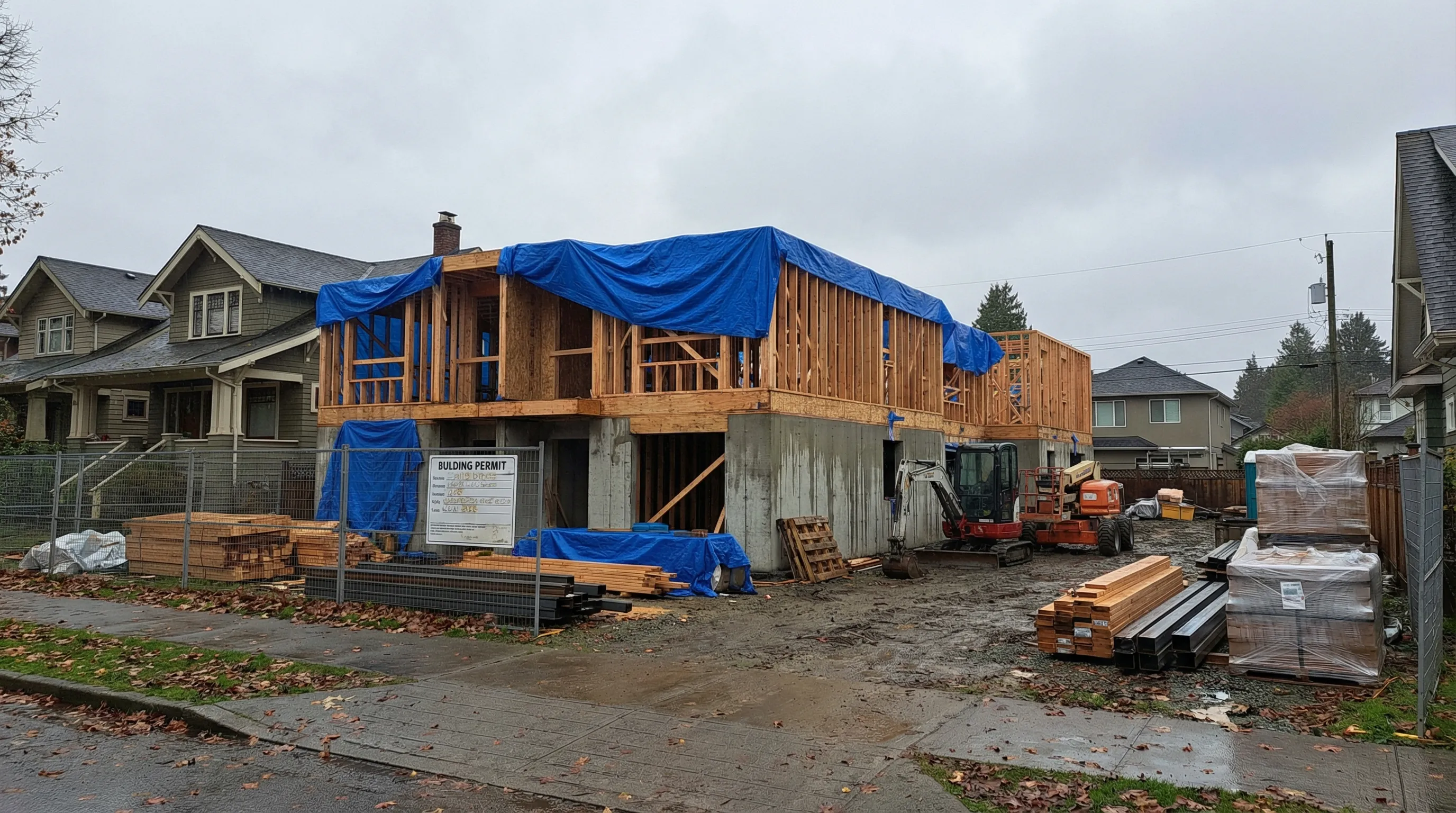 Construction site with multiplex foundation and permit documents, showing stalled development in Vancouver