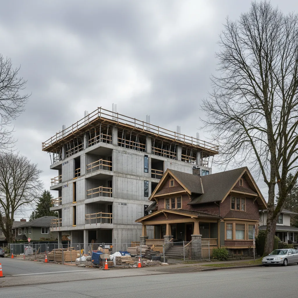 Modern multiplex building under construction next to traditional Vancouver home showing architectural contrast
