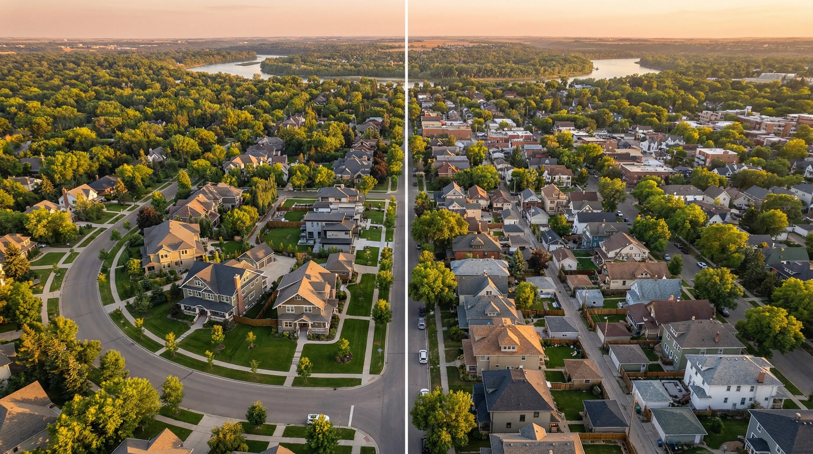 Split aerial view comparing West Side Vancouver neighbourhood with larger lots to East Vancouver neighbourhood with narrower lots