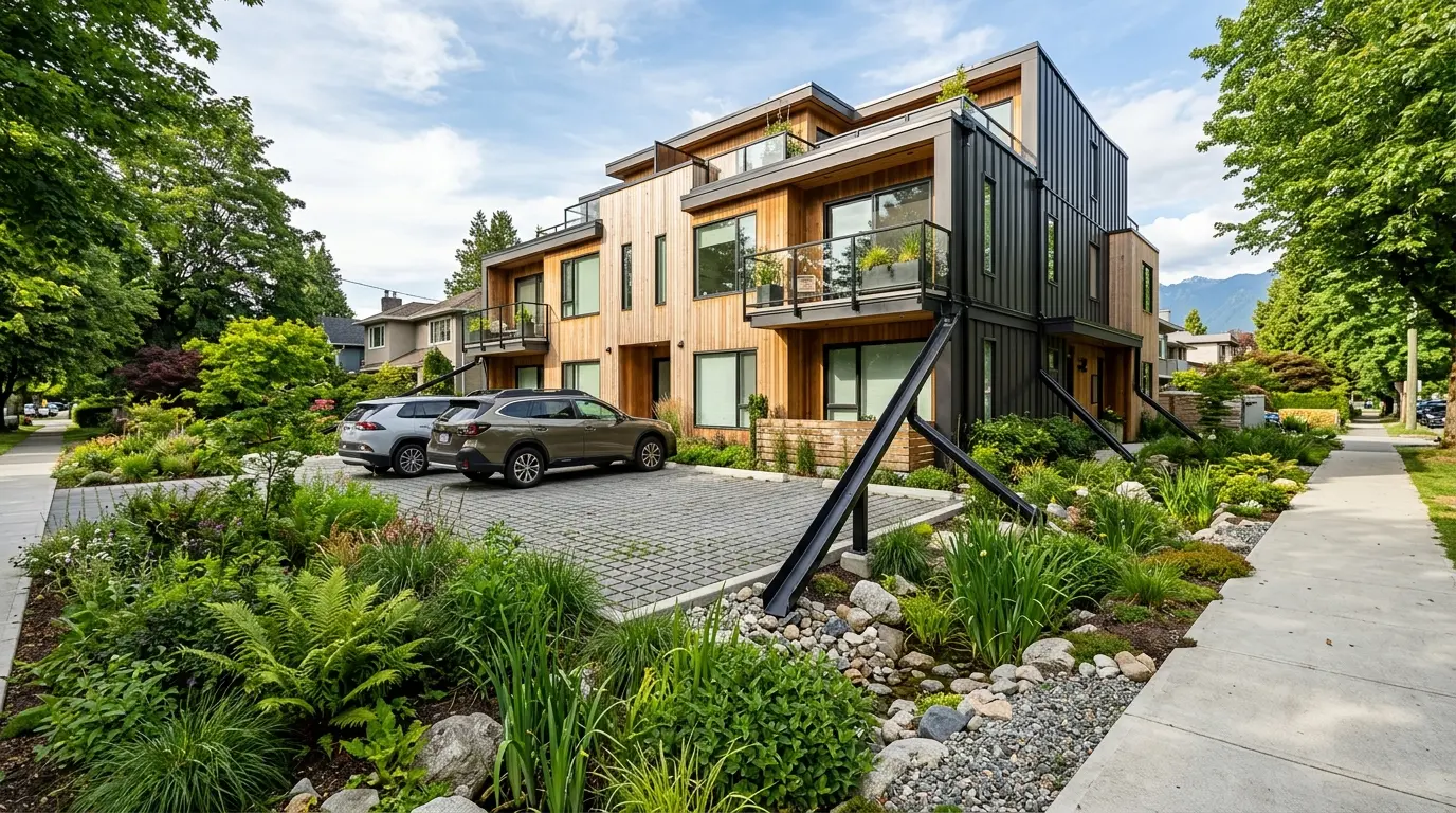 Rain garden and permeable paving beside a new Vancouver multiplex on a wet grey afternoon, with water soaking into planted landscaping