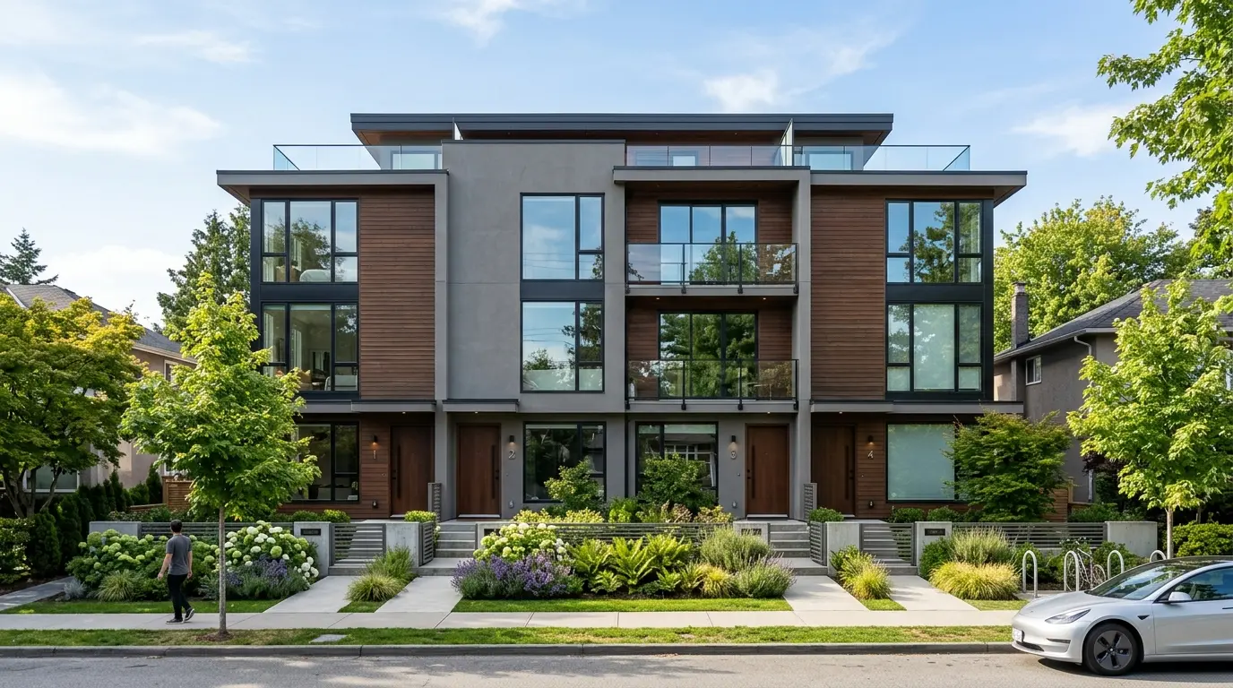 Row of newer small-scale multiplex and fourplex buildings on a Vancouver residential street with mature trees on a clear day