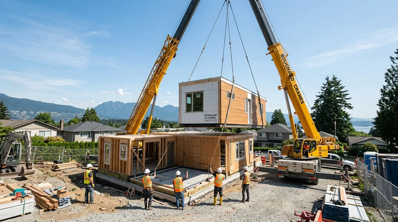 Crane lifting a factory-built modular housing unit onto a foundation at a Vancouver multiplex construction site on a clear day