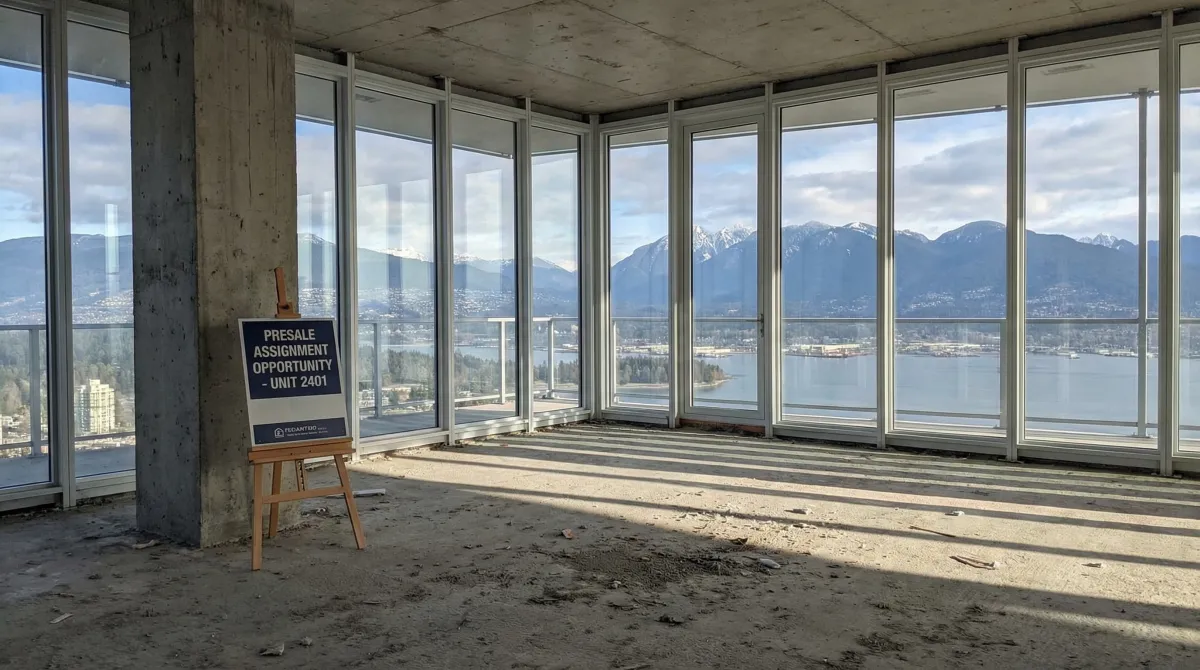 Empty unfinished Vancouver condo unit with floor-to-ceiling windows and North Shore mountain views