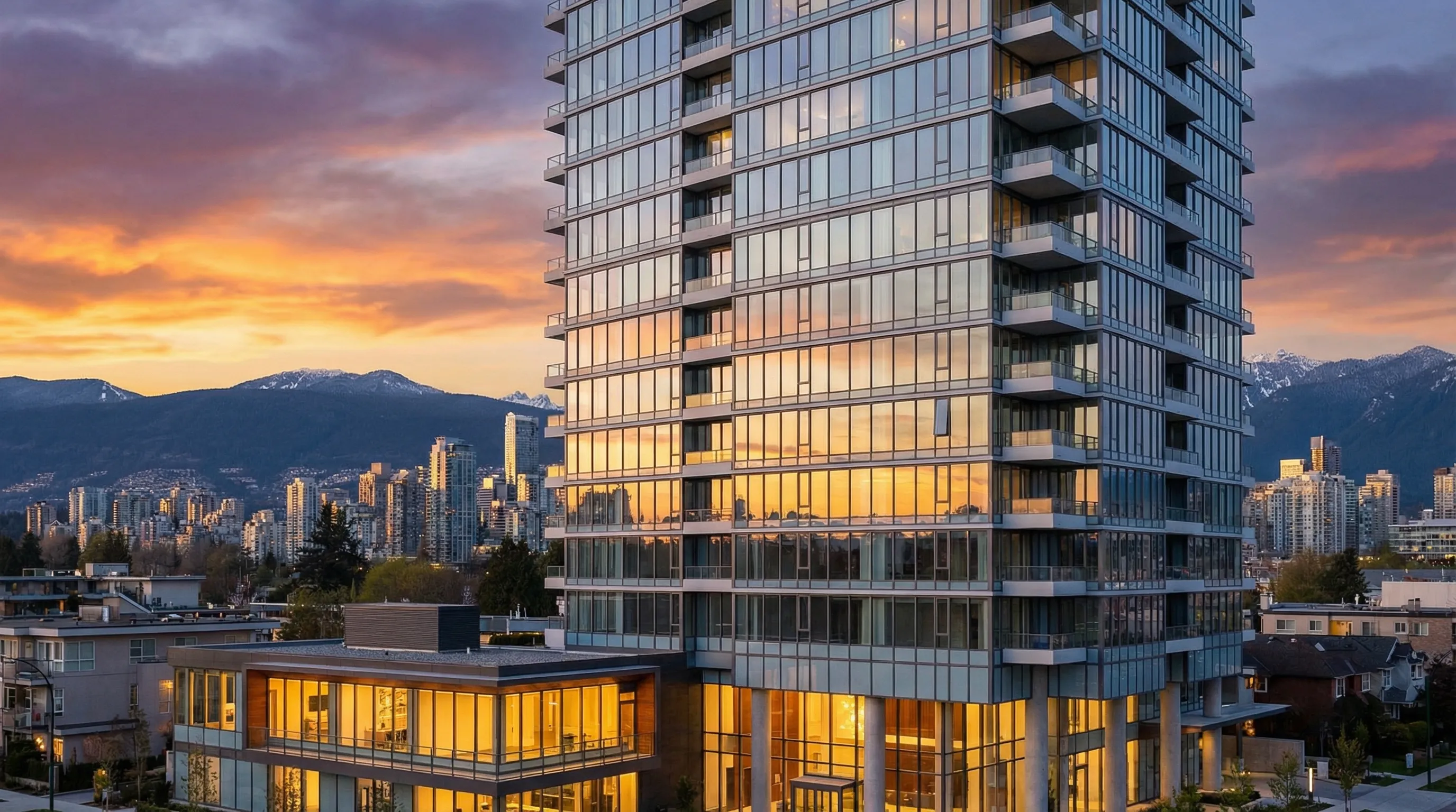 Modern presale condo tower in Vancouver with mountain backdrop at sunset