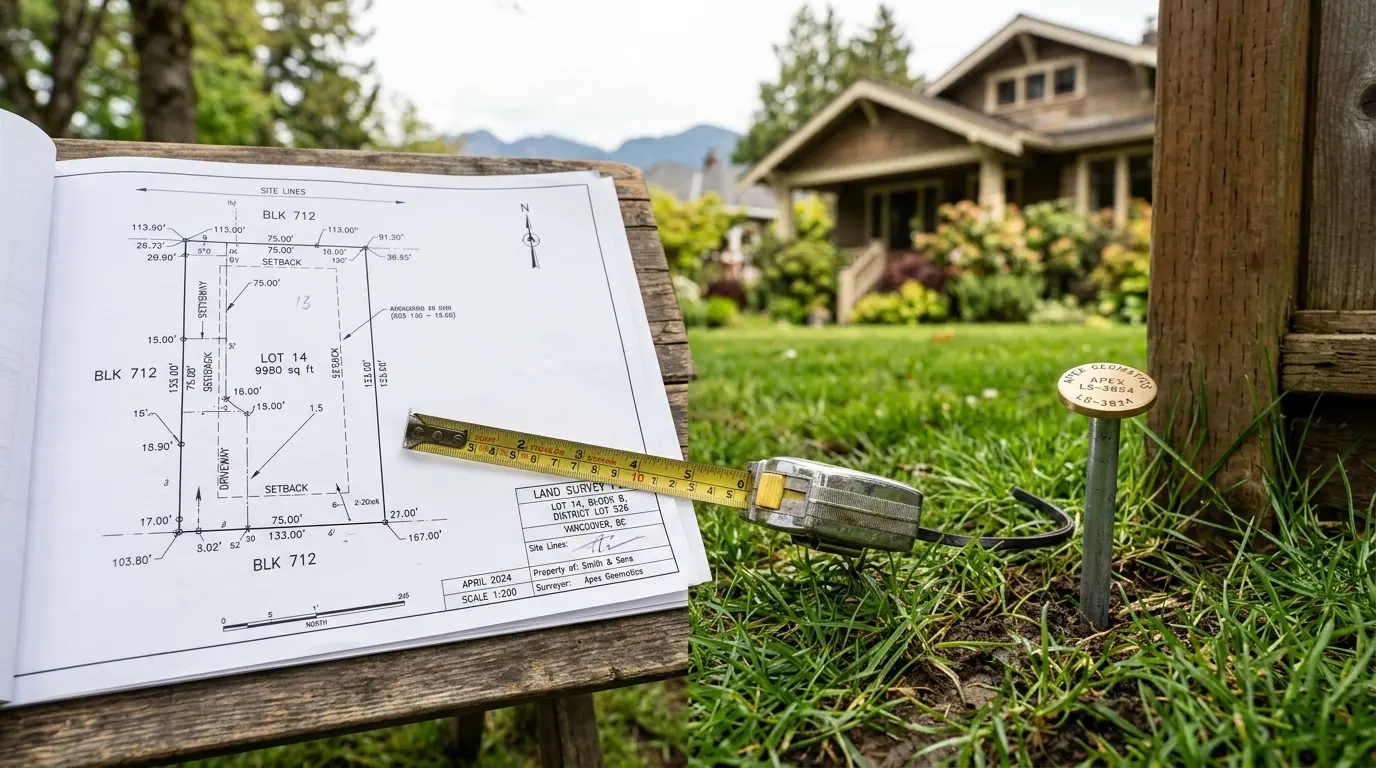 Land surveyor with tripod and equipment marking a property boundary in a Vancouver residential yard on a clear day