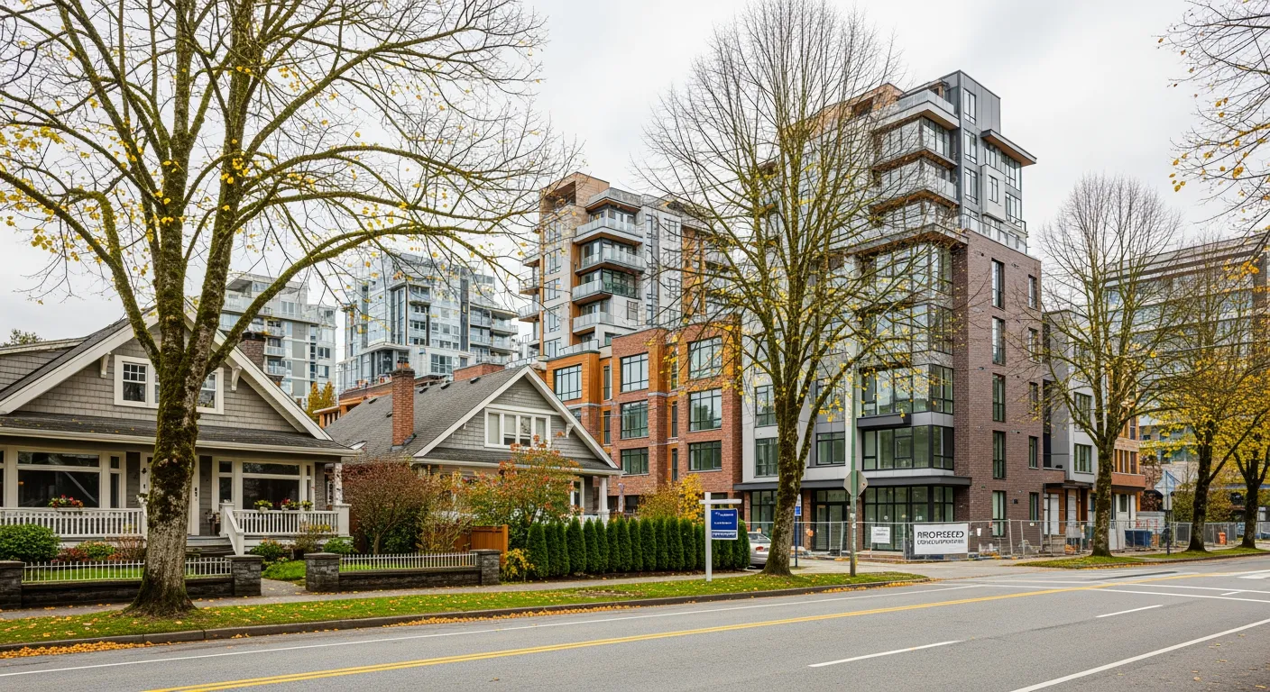 Aerial view of Vancouver single-family neighbourhood with mix of housing types including multiplexes and laneway homes