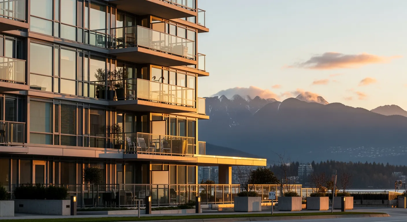 Modern Vancouver apartment building at dusk with lit windows reflecting on wet street below