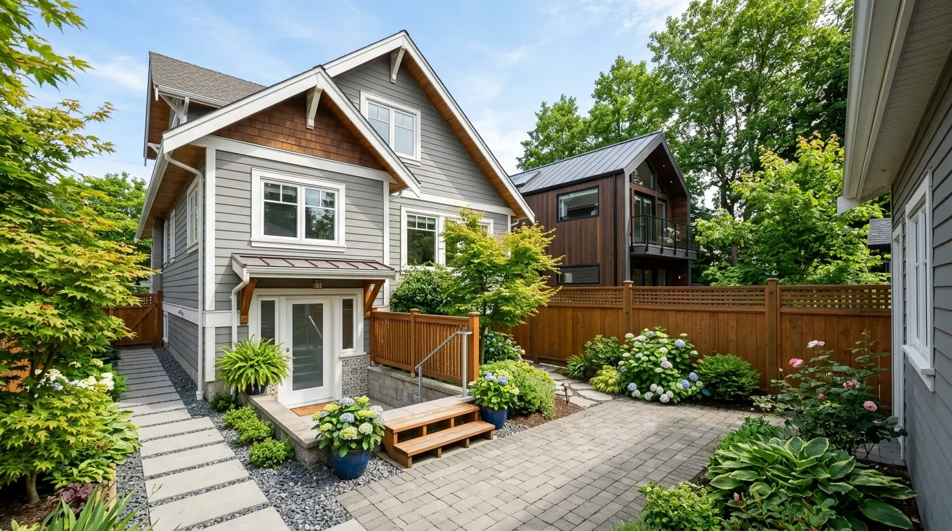 Vancouver house with a finished basement suite entrance and a separate laneway house at the back of the lot on a bright day