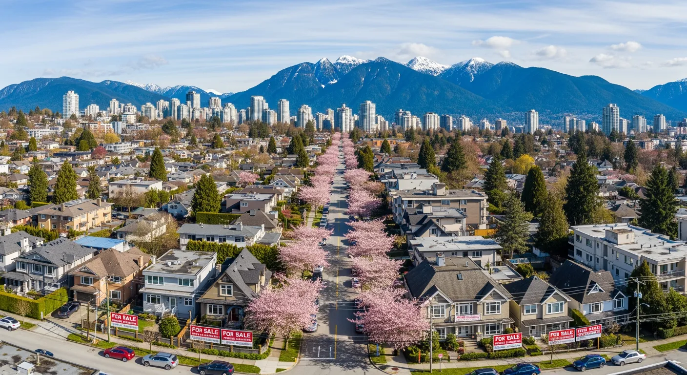 Vancouver residential street with cherry blossoms and For Sale signs on craftsman homes with North Shore mountains in background
