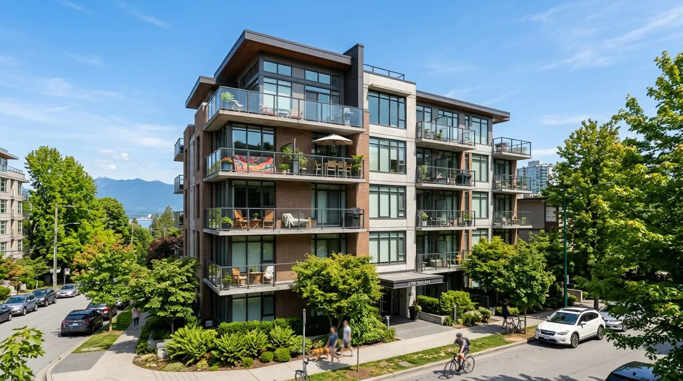 Modern Vancouver condo building with balconies and a for-lease sign at street level on a bright day, seen from across the road