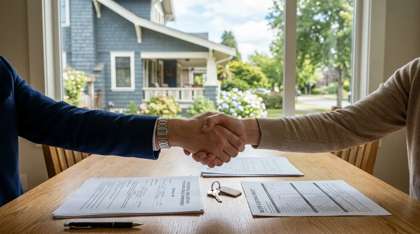 A Vancouver seller and buyer signing a vendor take-back mortgage agreement with a real estate lawyer present at a desk on a clear afternoon