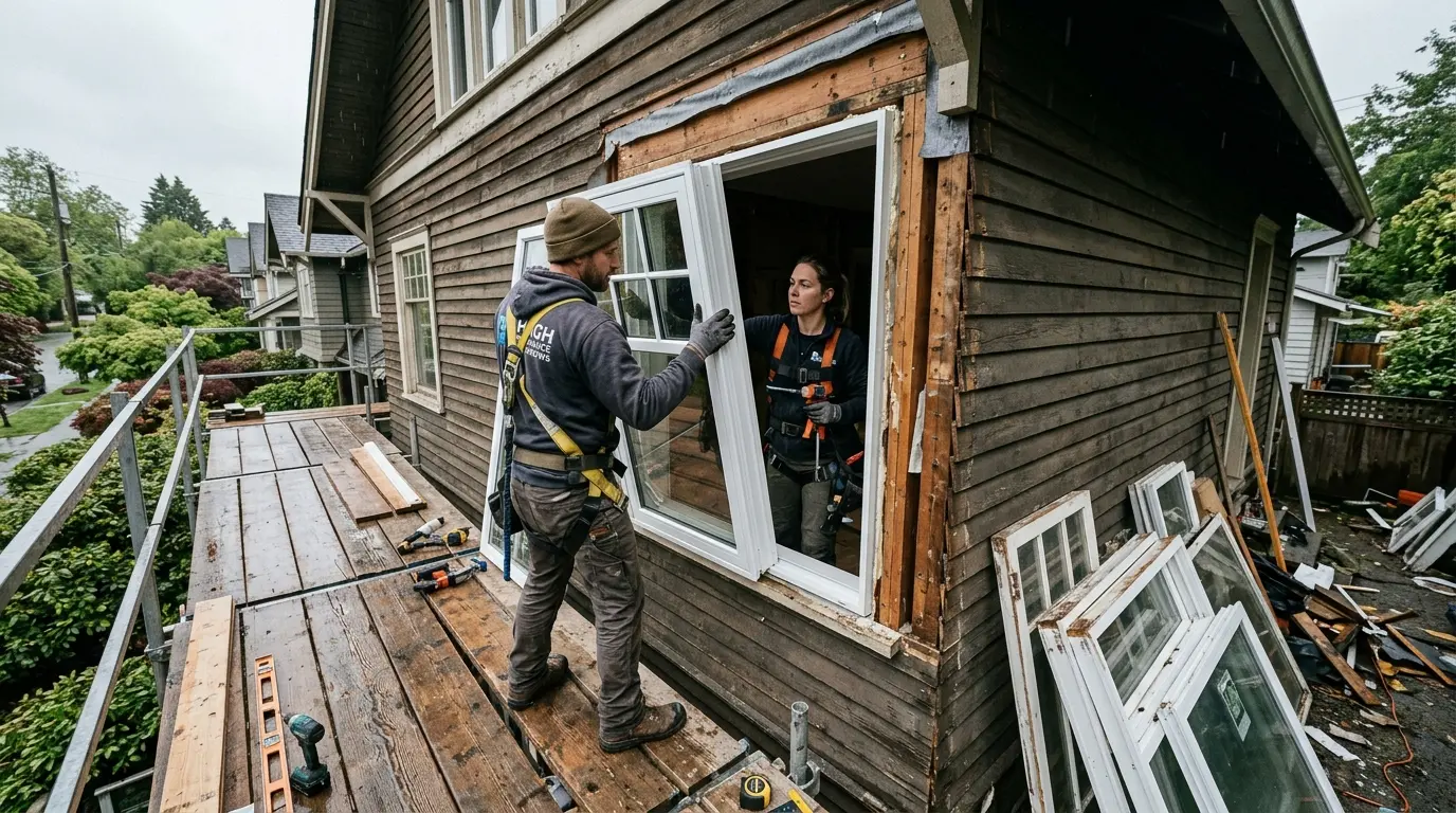Worker installing a new double-glazed vinyl window in an older Vancouver house on a grey rainy day