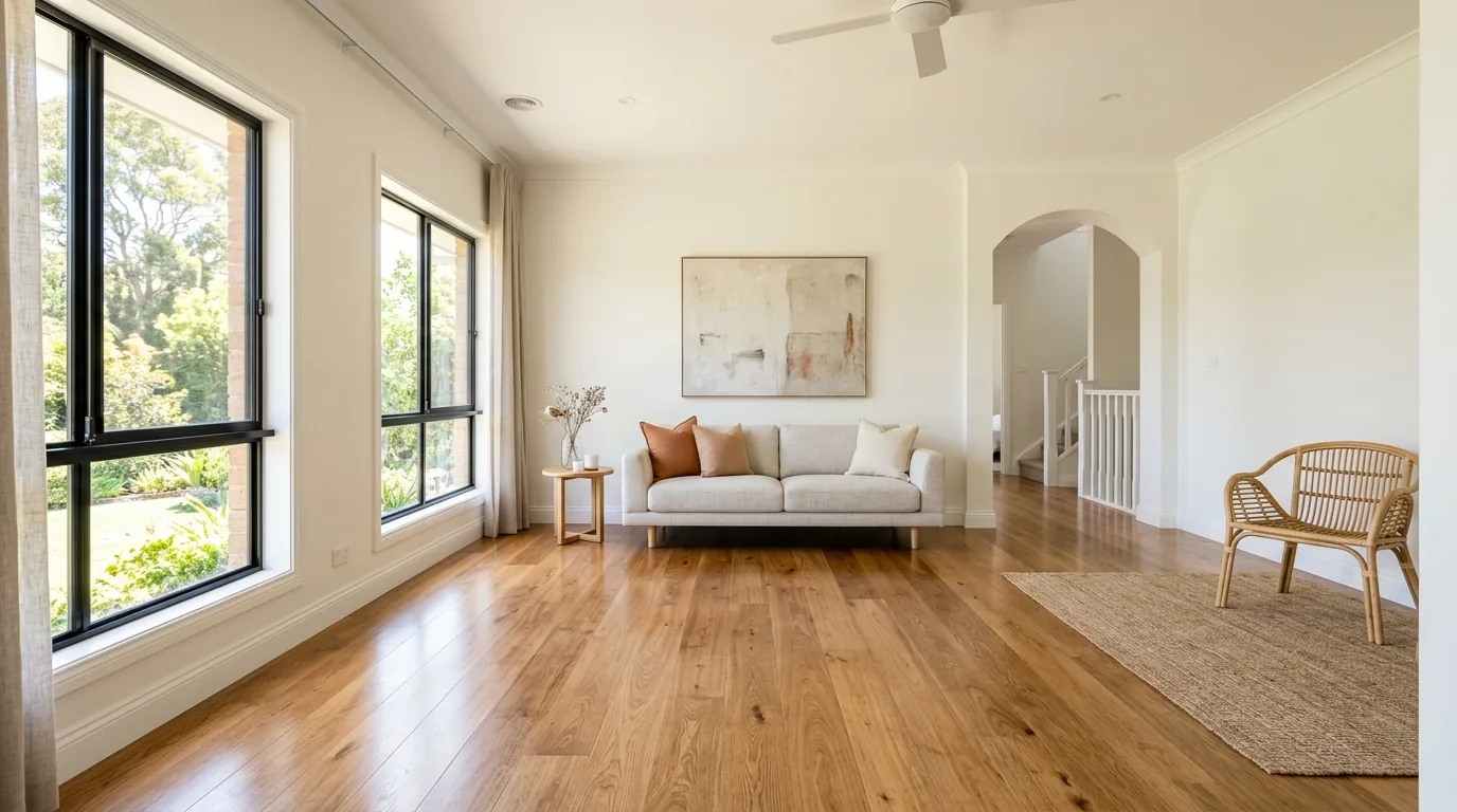 Bright, freshly painted empty living room with refinished hardwood floors and simple staging, lit by warm natural light through large windows